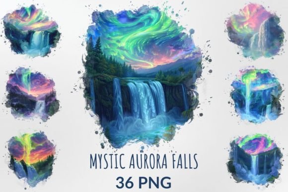 Enchanting Watercolor Mystic Aurora Falls Clipart