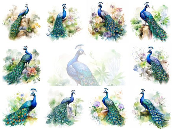 Peacock Watercolor Clipart Set: A Designer's Digital Feather Collection