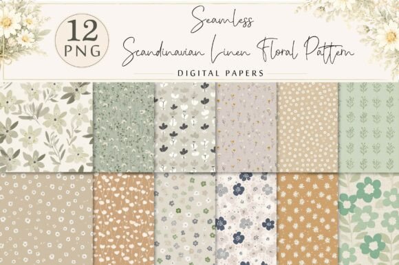 Scandinavian Linen Floral Pattern: Elegant Digital Design Assets